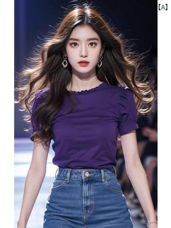 レディース ファッション 美しい シャツ 夏 ブドウ 紫 半袖 シャツ トップスス