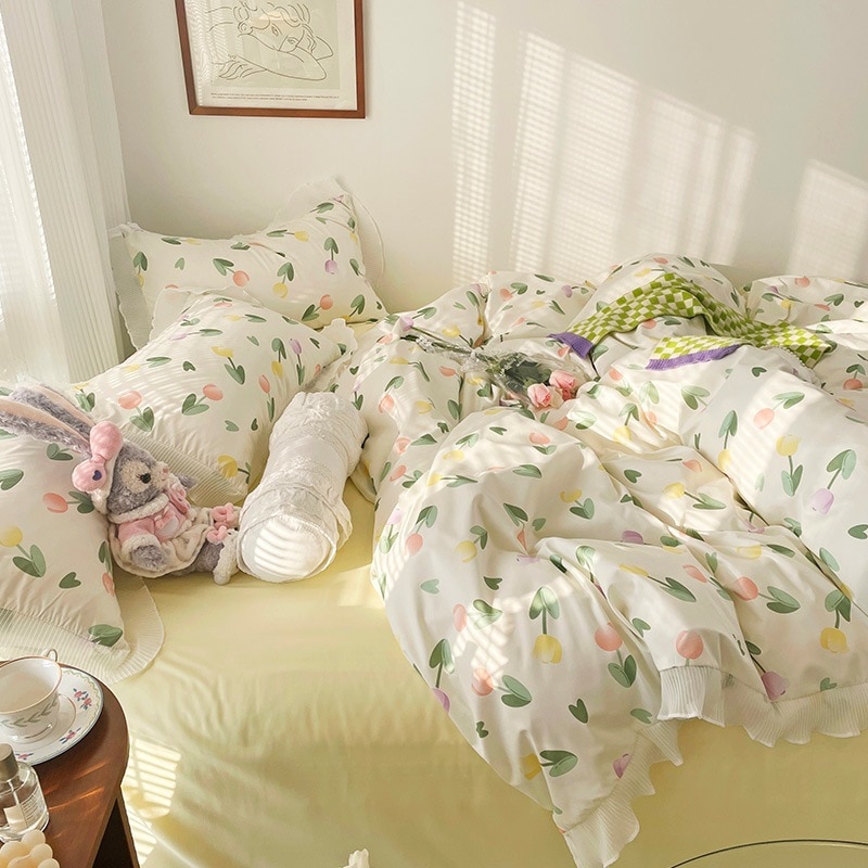 布団カバー 4点セット セミダブル 花柄 フリル ふわふわ ベッドカバー ベッドスカート 枕カバー