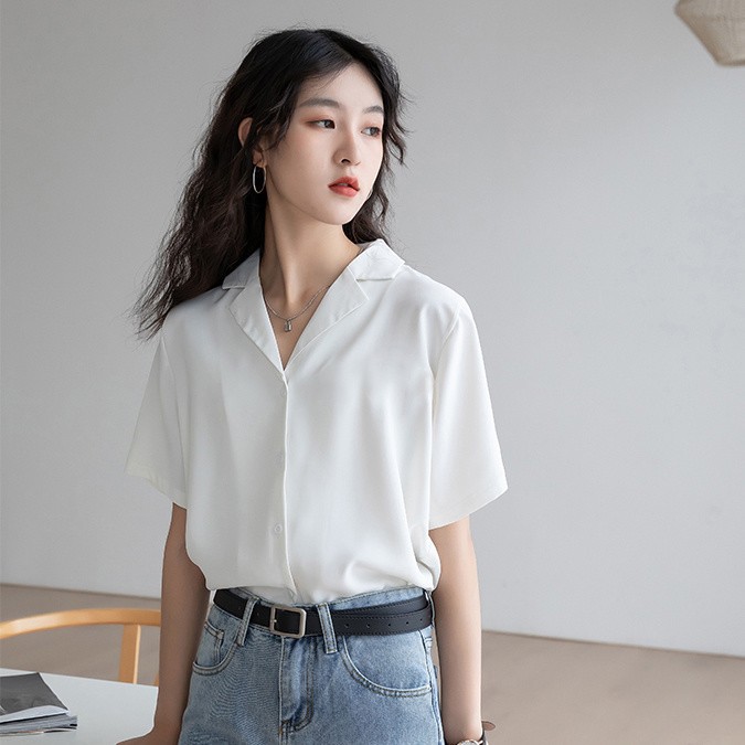 白 シャツ レディース アウター 半袖 シフォン トップス レディース おしゃれ ゆったり リラックス レディース ドレープ シャツ671