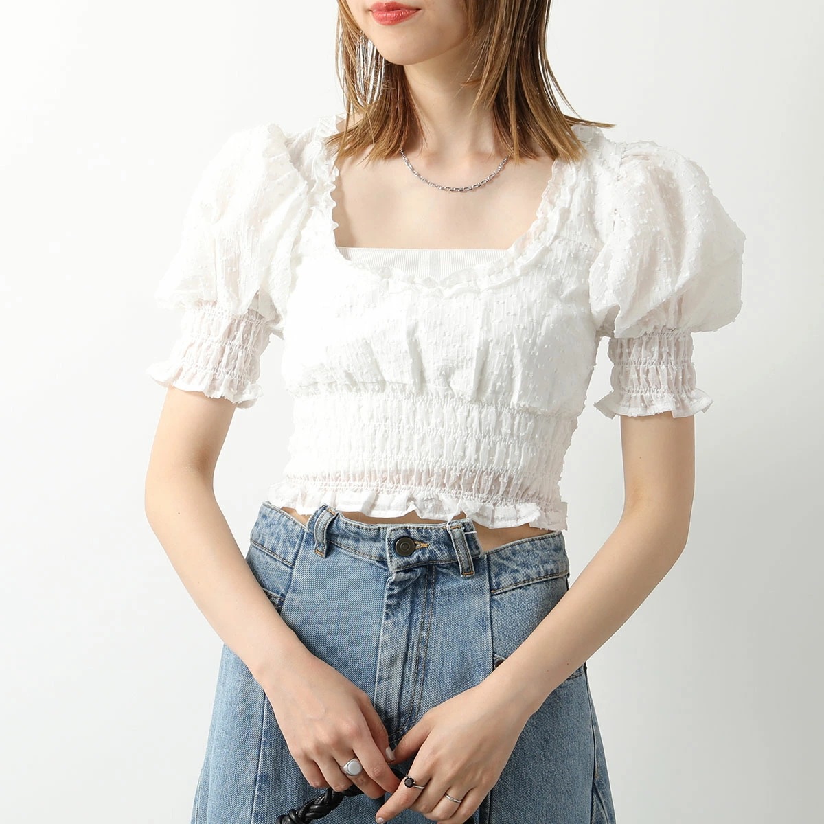 Sister Jane シスタージェーン 半袖 トップス Corolla Bow Crop Top TO562 レディース クロップド丈 ドビー織 シャーリング Pearled-Ivory