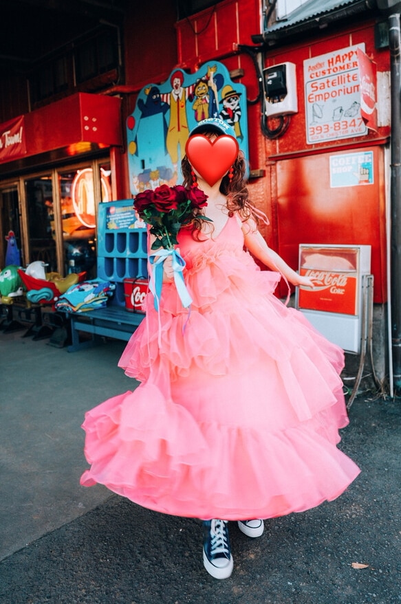 実例写真！ カラードレス ピンク オンショルダードレス 編み上げ ミニドレス プリンセスライン ティアードのドレス 21,616円