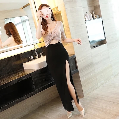 セクシーな低い胸を集めて腰の気質は墜ちた女性の長いスカート夜の店のバーの深いvは引き延ばしてワンピース宴会礼装を引き延ばします