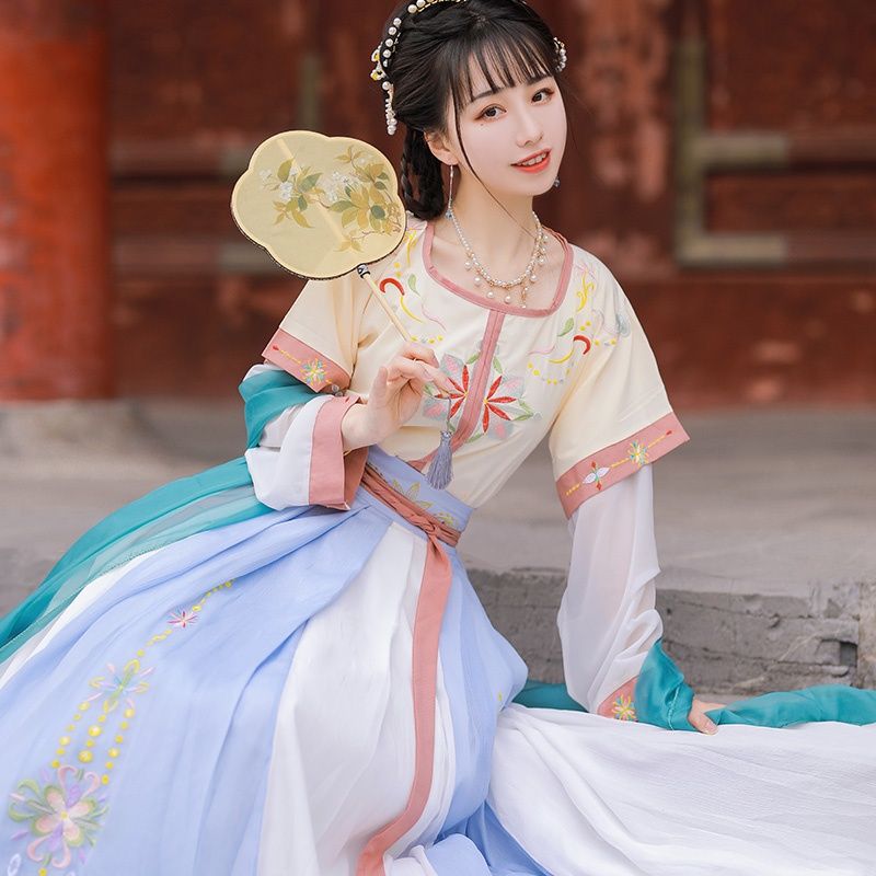 2023年春の新作漢服の女性[リンラン]半腕のスリーピーススーツ腰までの長さのアンダースカート春夏のドレス6メートルのスイング