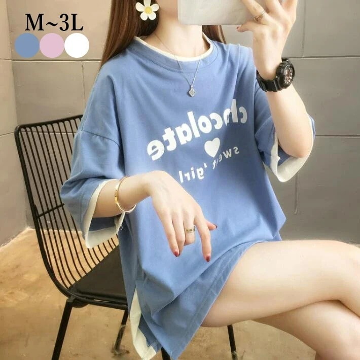 【20点セット】【送料無料】Tシャツ　カットソー　レディース　チュニック　オーバーサイズ　スリット　 切替　ロゴ　英文字　半袖　7分袖　　大きいサイズ　クルーネック　夏　M　L 2L　3L