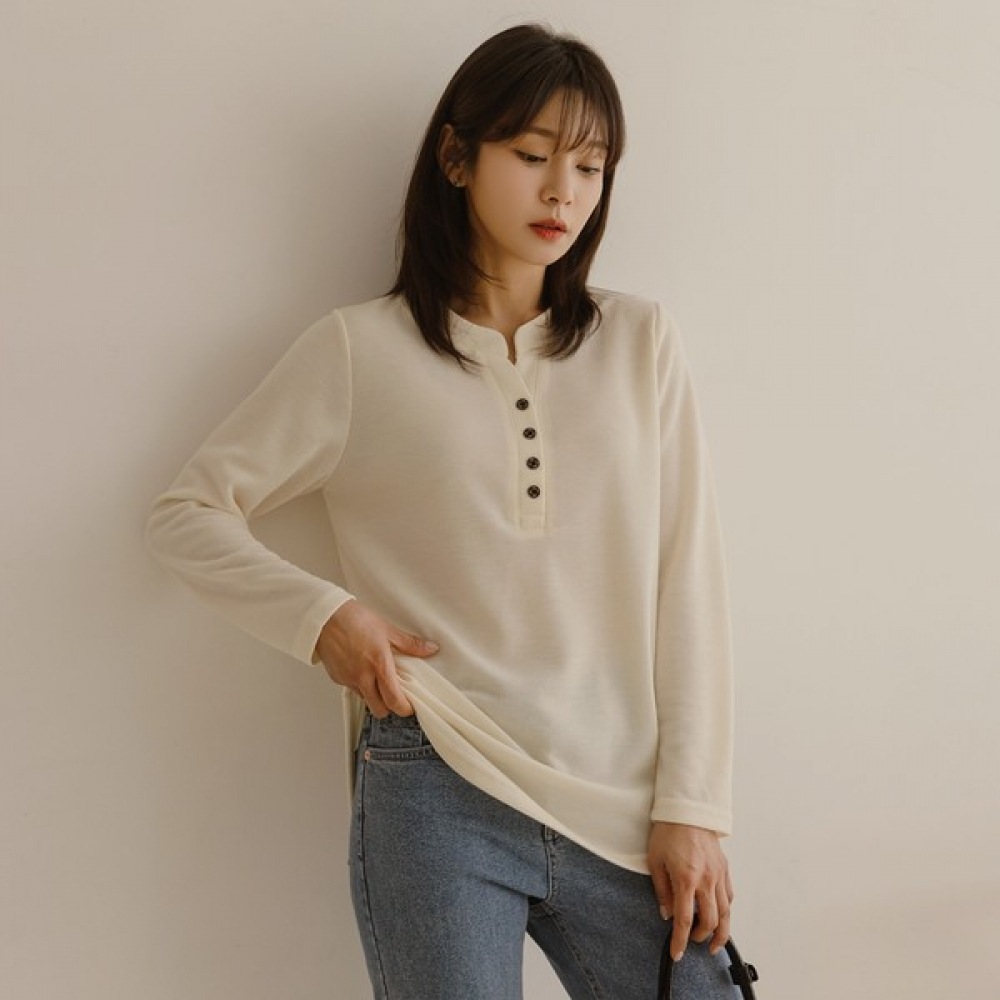 [Elysia] セダンボタンハーフオープン長袖Tシャツ