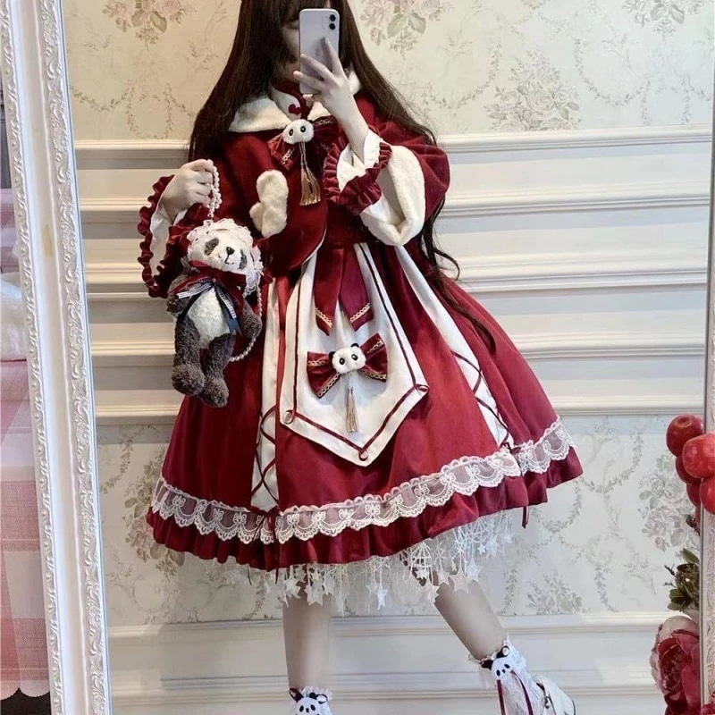 ロリータスカート風パンダ長袖赤いチャイナドレスロリータドレスop