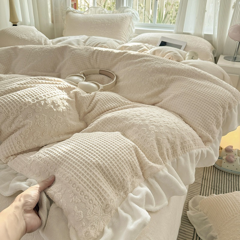 タイプA マットミルクベルベットレース4点セットクリーミーなスタイル冬の暖かさ厚手の両面ベルベットコーラルフリース