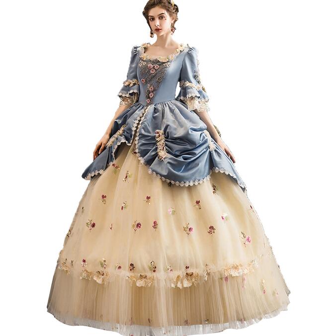 ステージ衣装 プリンセスドレス 貴婦人 お嬢様 パーティードレス 中世貴族風 貴族ドレス 宮廷 ロングドレス 可愛い 演劇 文化祭 学園祭 新劇演出 現代劇演出 フレア袖 ハロウィン クリスマス 撮影