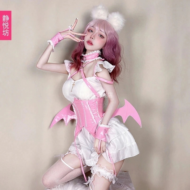 ピンク メイド服 小悪魔 メイド服 コスプレ コスプレ コウモリ コスチューム ゴシック ハロウィン 衣装