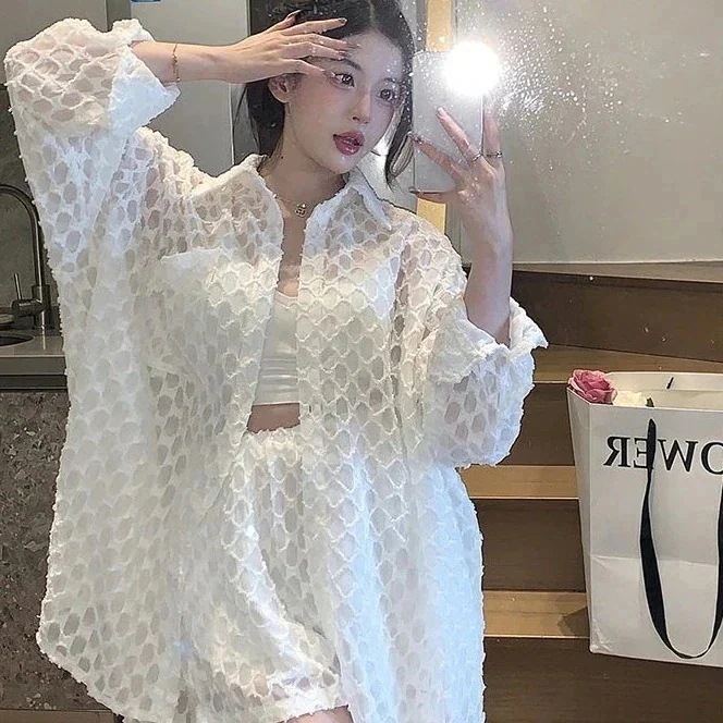 涼しく楽ちんセットアップ韓国フ今週の割引は 25% オフですァッション リゾート日焼け止め 紫外線対策 通気性 カーディガンパンツセット女性用ゆったりサイズ2点セット