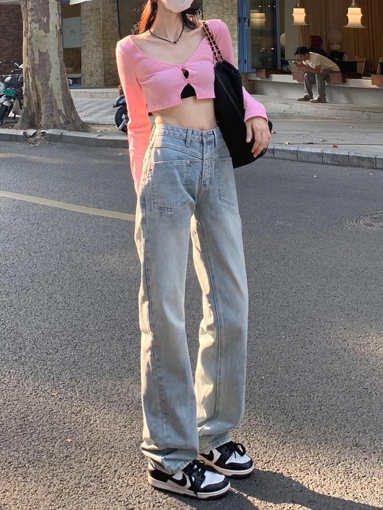 ニッチな明るい色のジーンズのデザインセンス女性の春春冬春と春新lしいハイウエストストレートルーズワイドパンツの地面狭いバージョンをドラッグ