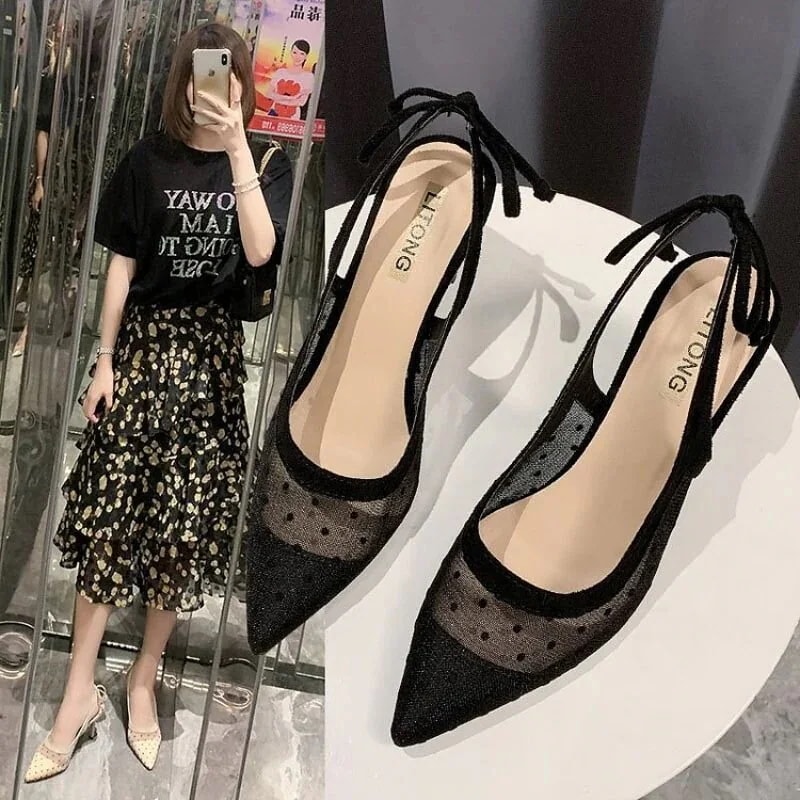 メッシュ糸 包頭単一靴 【メガ割 尖った頭 ハイヒール 水玉 蝶ネクタイ313 女性 細かいヒール 】ur 女性