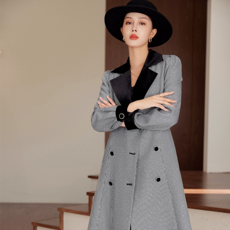 ファッショナブルな千鳥格子ウールコートレディース2023秋冬新作小さい厚みのあるダブルブレストスーツジャケット