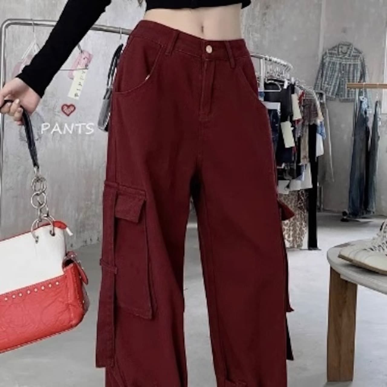 2024秋冬パンツ デニム ジーンズ ロング丈 ワイド ハイウエスト 美脚効果 脚長効果 細見え 秋 エンジ レッド 赤 おしゃれ かわいい 韓国ファッション レディース お出かけ