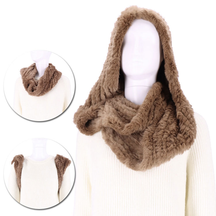 ラビット ファー スヌード 帽子 ボレロ 3way モカ ブラウン レディース 編み込み ふわふわ フード 韓国ファッション ネックウォーマー フードウォーマー お洒落