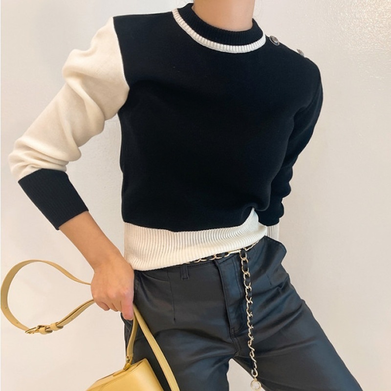 バイカラーニット 黒 白 個性的 カラーブロック ニット モノトーン 韓国 レディース オルチャン トップス ショート丈 タイトフィット クロップド スリム 可愛い 個性的 大人 かっこいい