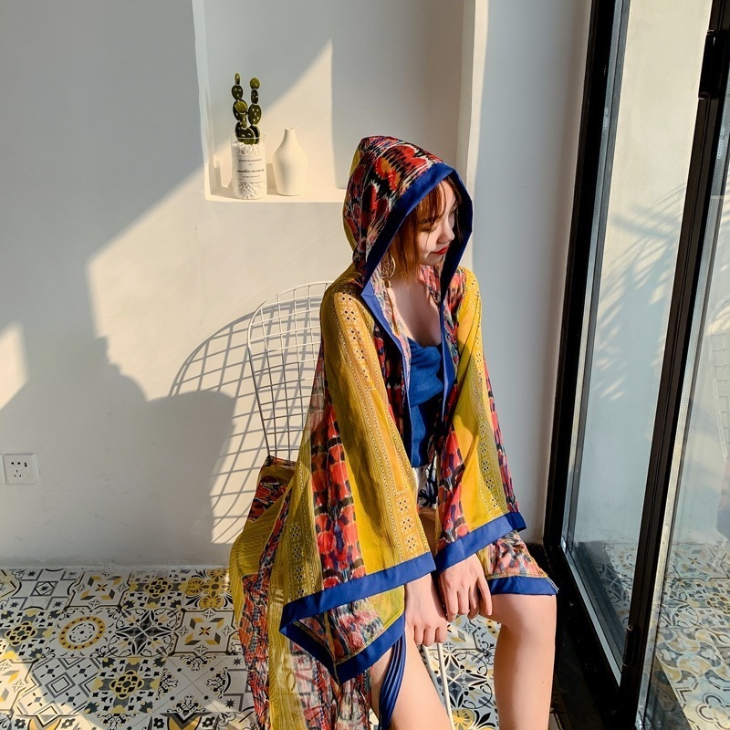 薄手 カーディガン アウター 夏服 海 プール フード付き 韓国 レディース オルチャン フレア ワイド カジュアル レトロ アジアン エキゾチック 柄 春 夏 10代 20代 30代