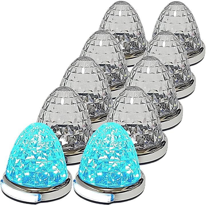 カスタマイズ 12V 24V トラック用 LED マーカーランプ 路肩灯機能付 サイド メッキリング 5面クリスタルカット仕様 22LED 汎用 (アイスブルー, 10個セット)