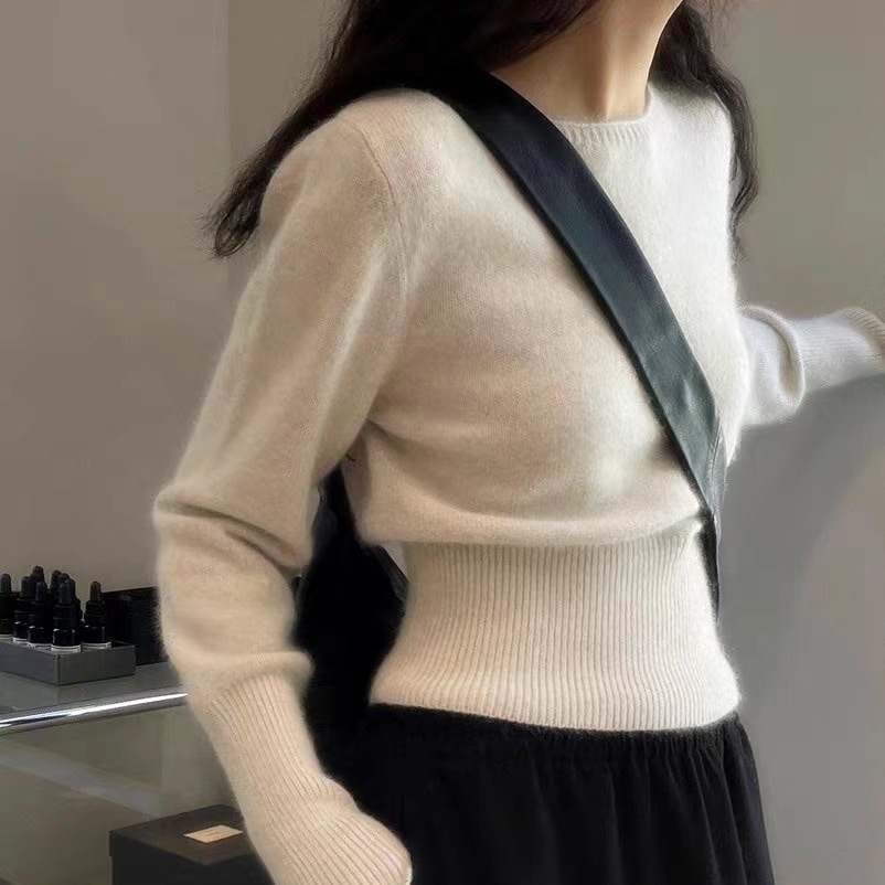 秋冬にぴったりのゆったりとしたフィット感スリムなラウンドネックウールのベースレイヤーのエレガントなハイウエストのショート丈カシミアニットセーター 6,004円