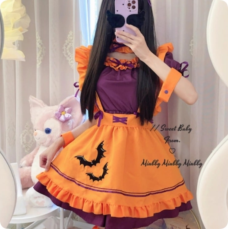 【3日で出荷】ロリータ スカート 魔女 ドレス バット メイド服 ハロウィン風メイド服コンプリートセット