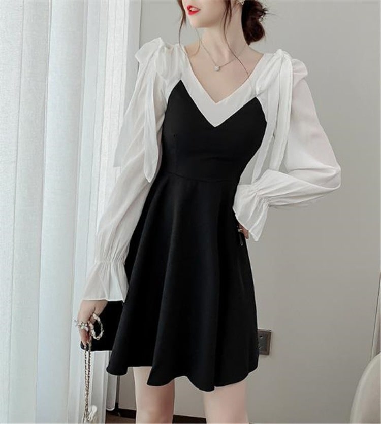 高レビュー多数超中 激安セール 秋 短いスタイル エレガント 新品 縫付 ファッション Vネック スカート 長袖 ワンビース カラーマッチング