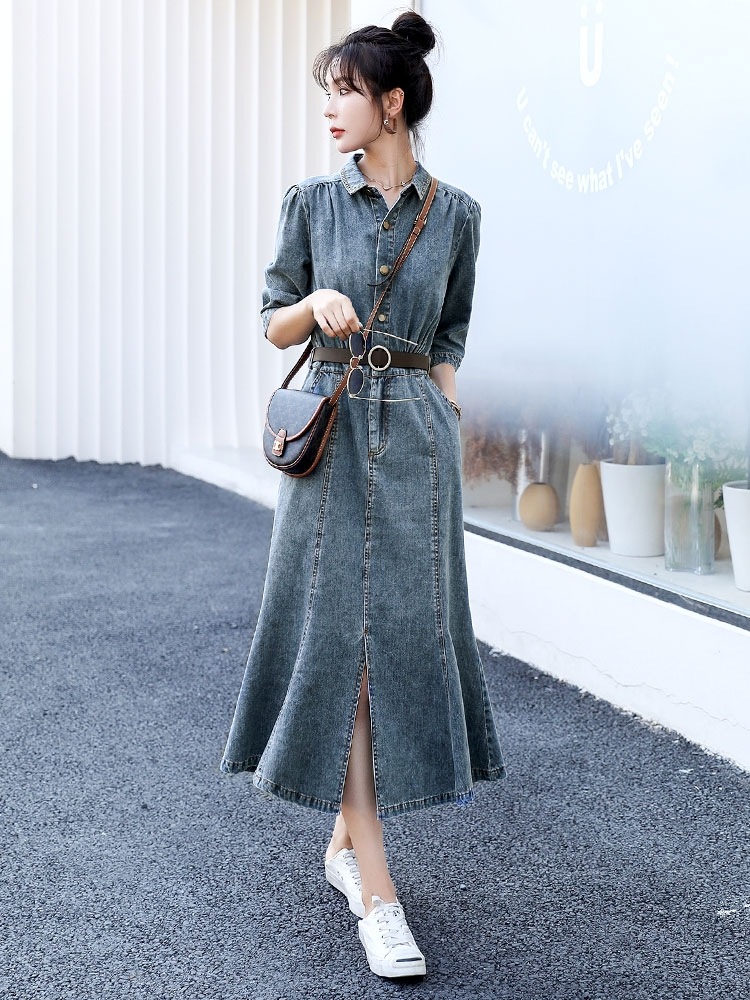 シャツワンピース レディース 40代 きれいめ デニムワンピース 秋服 五分袖ワンピース 折り襟 マ