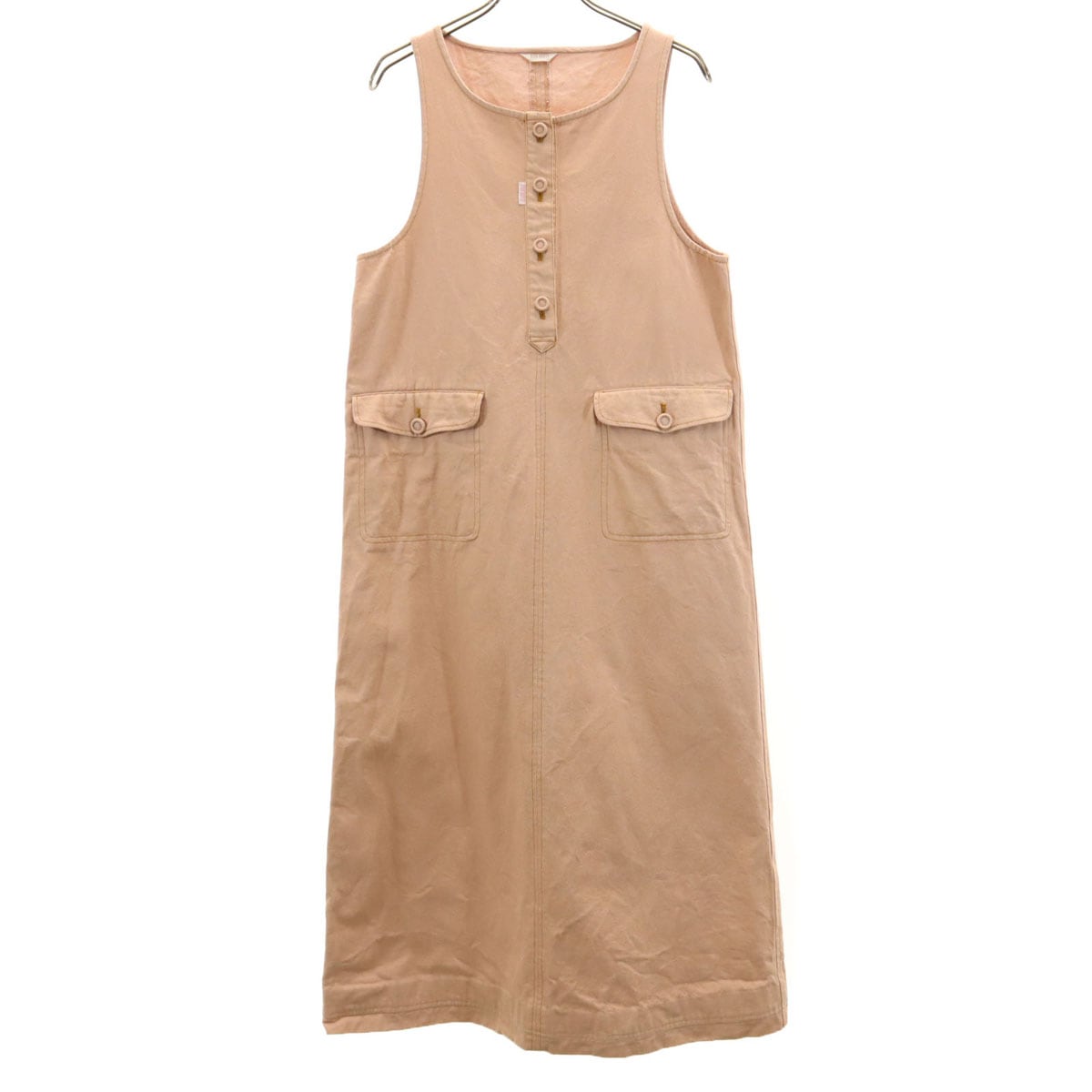 ノースリーブ デニム ジャンパースカート サーモンピンク ワンピース レディース 古着