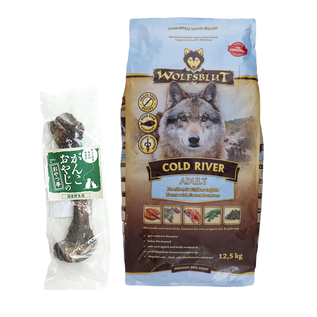 ウルフブラット アダルト コールドリバー（マスとスイートポテト）12.5kg 【国産鹿レッグボーン 1本Mサイズ付き】