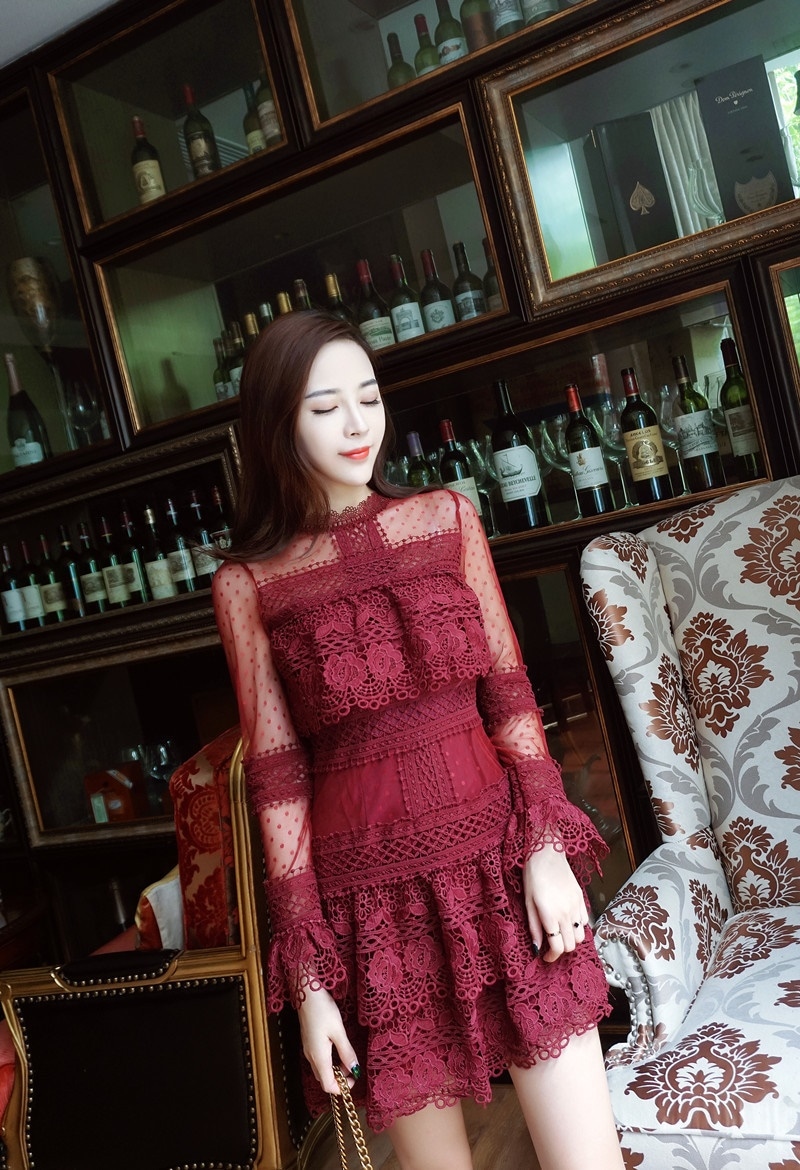 1648.シースルーレースワンピース（ワインレッド）2019 春夏 sale パーティー お呼ばれ ナイトクラブ デート 記念日 レストラン