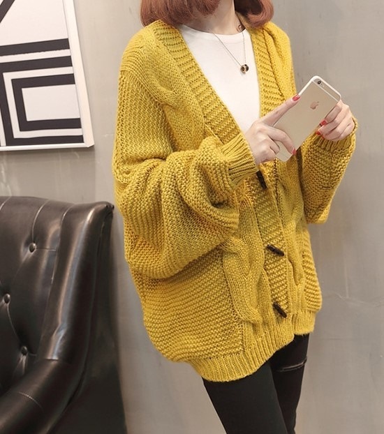 5087.ざっくりニットカーディガン（イエロー）2019春夏 sale アウター トップス 美ライン おしゃれ カジュアル ボリューム袖 長袖 オフィス ビジネス お出かけ 女子会 普段使い 通勤 通 100,000円