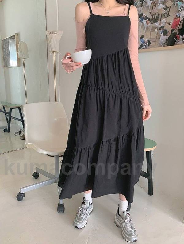 キャミソールワンピース ロング ティアードワンピース ノースリーブ ワンピース レディース ロングワンピース Aライン 大きいサイズ 黒 白 春夏 オールインワン サロペット スカート キャミワンピー