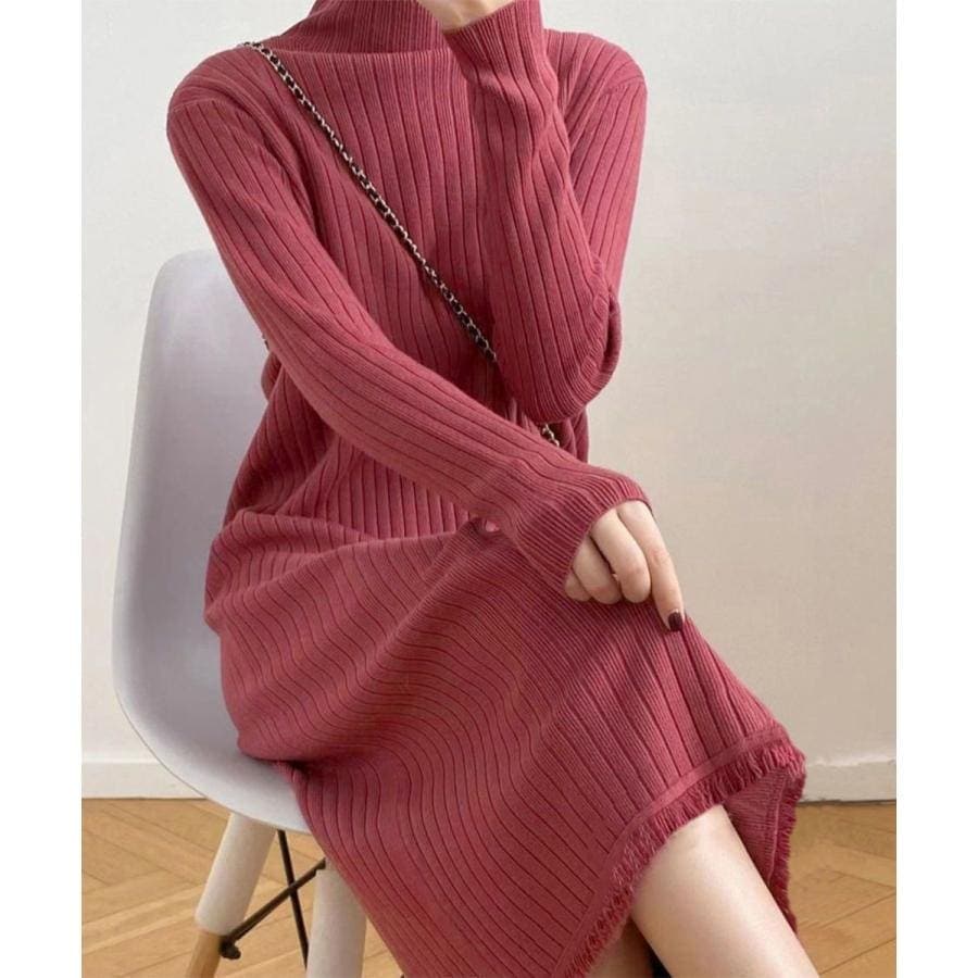 裾フリンジ付き リブニットワンピース秋冬30%までに制限