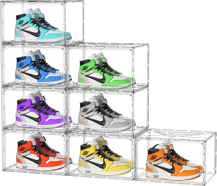 シューズボックス クリア 透明 シューズケース アクリル UVカット スニーカーボックス スニーカーケース 積み重ね マグネット式扉 組み立て式 クロゼット(全面クリア, 8個セット)