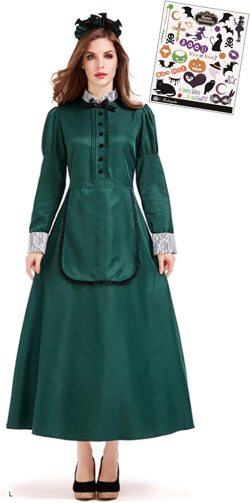 洋館 メイド服 緑 グリーン コスプレ 長袖 ロング コスチューム ハロウィン タトゥーシール付き 2点セット レディース S746(緑 L)