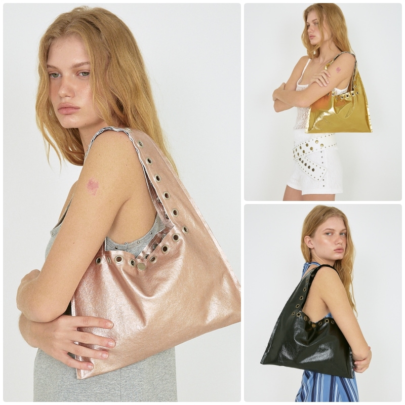 【POLYSOOEM】 EYELET METALLIC SHOULDER BAG : 3COLORS