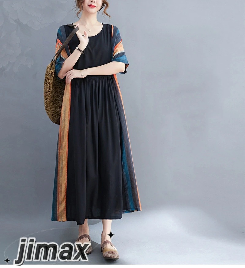 ワンピース 夏 レディース ロング マキシワンピース 秋 リネンワンピース ストライプ 半袖 オーバーサイズ 体型カバー 着痩せ ゆったり 夏物ワンピース 大きいサイズ ホワイトデー 5,862円