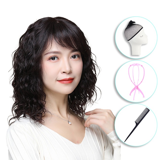 女性用フルリアルヘアウィッグ女性用ウール巻き毛ウィッグセット自然なふわふわ美しさ年齢を減らす白髪のマザーウィッグ