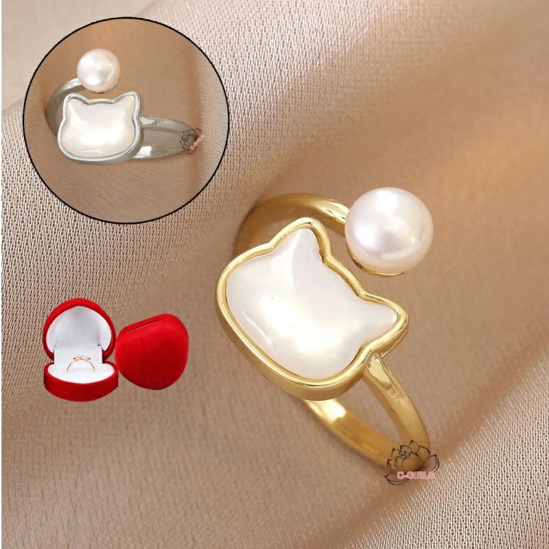 日本製 天然本真珠 キティ 貝 7mm 淡水パール 猫 フリーサイズ 指輪 リング 925シルバー パール 2カラーから選べる ホワイト ゴールド ボタン 記念日 プレゼント 全品ギフトラッピング