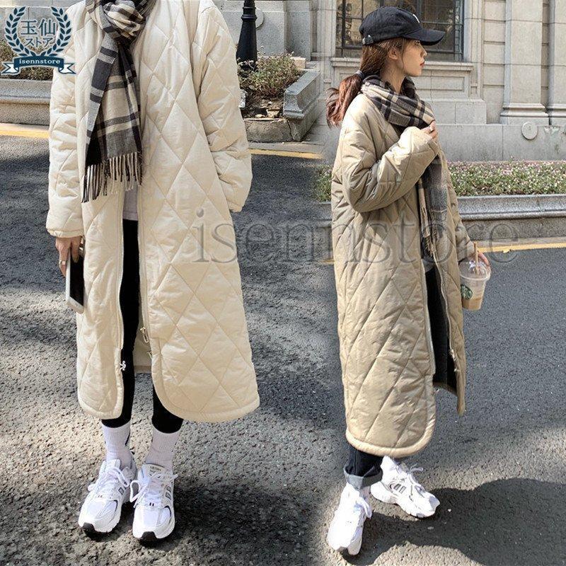 【即納】ロングコート 秋 冬 キルティングコート レディース ノーカラー 無地 長袖 ジップアップ ビックシルエット 軽い 中綿 ゆったり 防寒 あったか