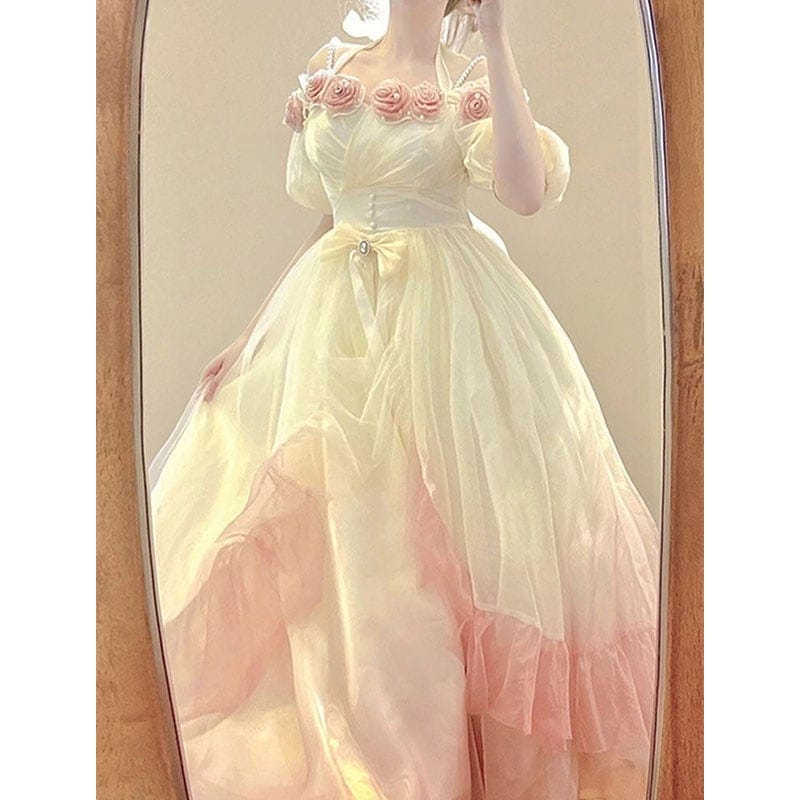 グラデーションピンクロリータ立体ローズディズニードレス大人ロリータメッシュロング妖精プリンセスドレス新品セール