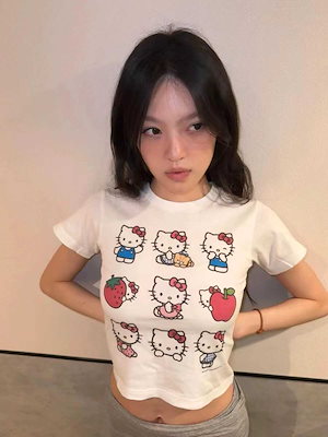 hellokitty ハローキティ 半袖tシャツ レディース 2024年夏新作 甘くて可愛いスリム右肩ショートトップス