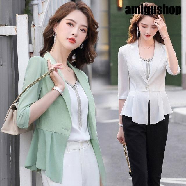 シフォン ジャケット レディース 夏 30代 40代 オフィスジャケット ホワイト サマージャケット 薄手 7分袖ジャケット 日焼け 冷房対策 ブラック ライトグリーン 5,192円