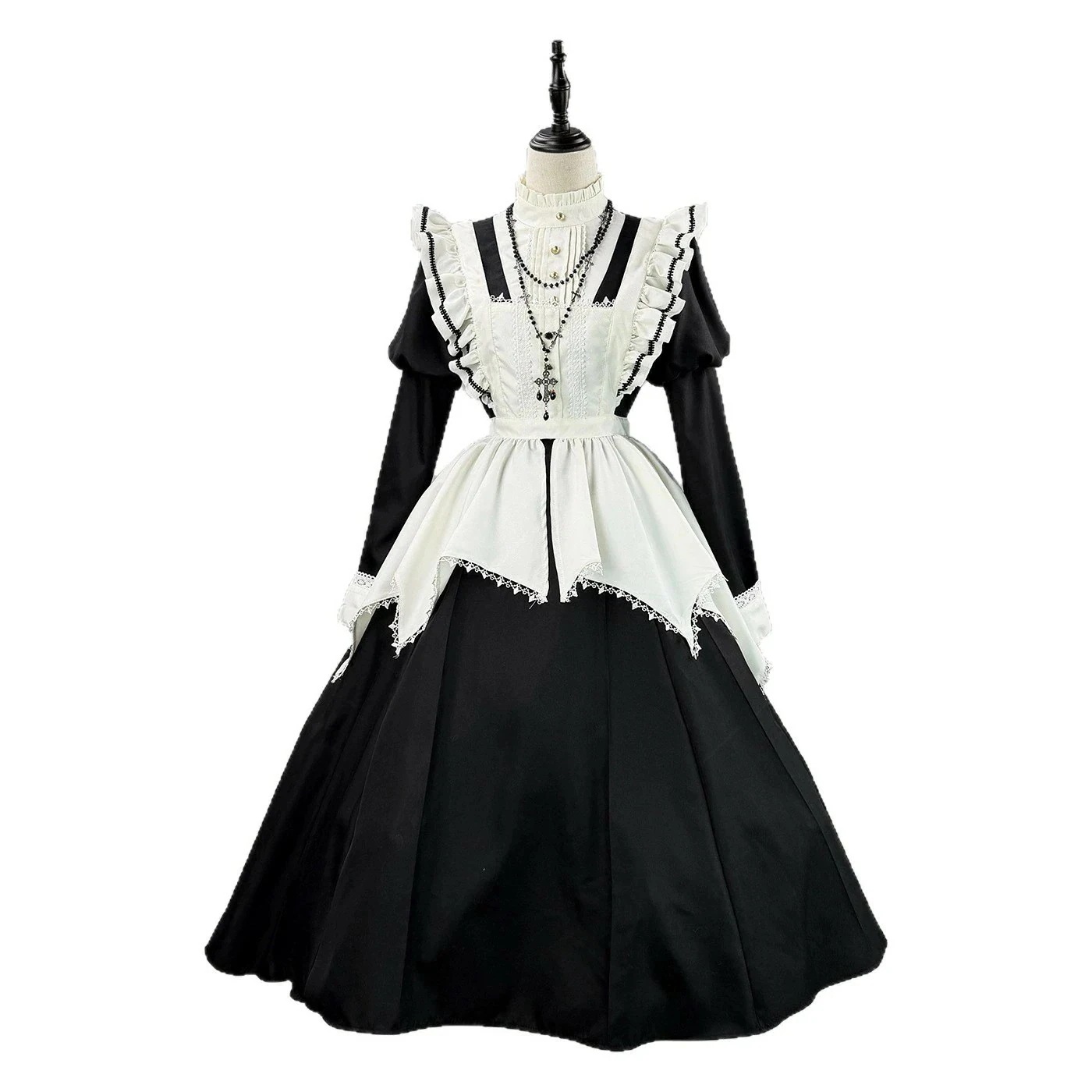 【デビュー】メイド服 3 点セット ロング丈 パフスリーブ エプロン髪飾り付き ゴシック風 コスプレ用