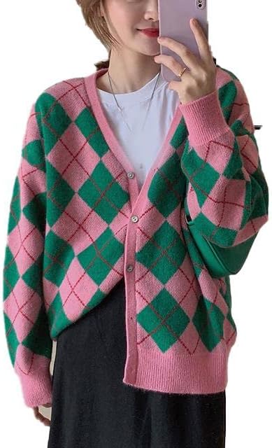 カーディガン Vネックカーディガン ニット 上着 レディース 羽織る セーター ニットカーディガン アーガイル柄 学園風 レトロ おしゃれ 通勤 可愛い お洒落 ルーズニットカーディガ