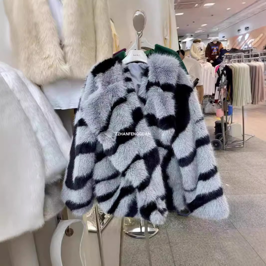 大きなラペルの冬レトロとかファーコート ゼブラプリントファーコートフェミニンなミドル丈ファーカーディガン