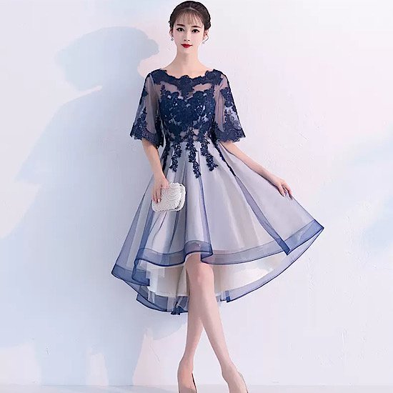 【取寄：納期2週間】結婚式ドレス フィッシュテール レース 刺繍 シースルー ミニ イブニングドレス 発表会 演奏会 レディース フレアドレス 結婚式 ステージ衣装 エレガント