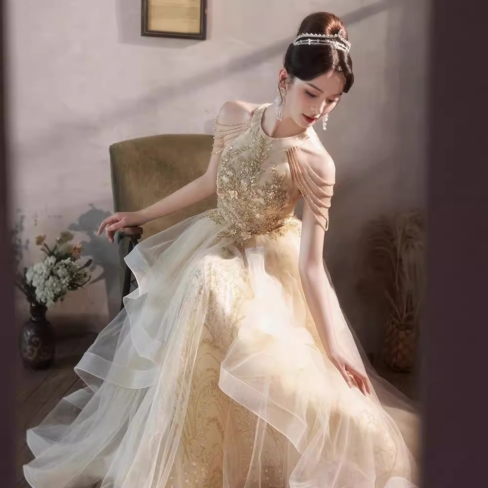 シャンパンドレス女性宴会気質ホスト誕生日パーティー成人式アートテストドレス