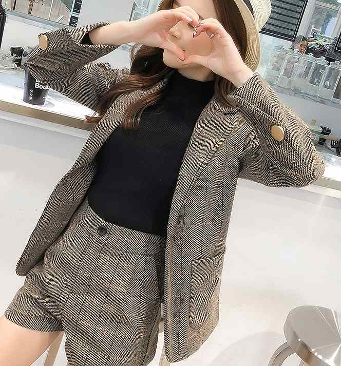 レディース上下セットテーラードジャケットショートパンツ短パンチェック柄セットアップカジュアルキュート