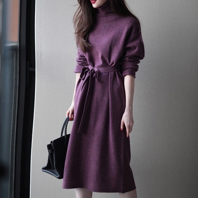 オーバーサイズ ワンピース 膝下 ミモレ丈 ミディアム丈 長袖 ドロップショルダー タートルネック
