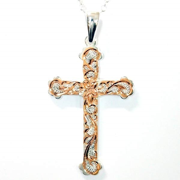 ハワイアンジュエリー ペンダント ネックレス クロス 十字架 プルメリア 花 カレイキニ 波 ピンクゴールド メンズ シルバー925